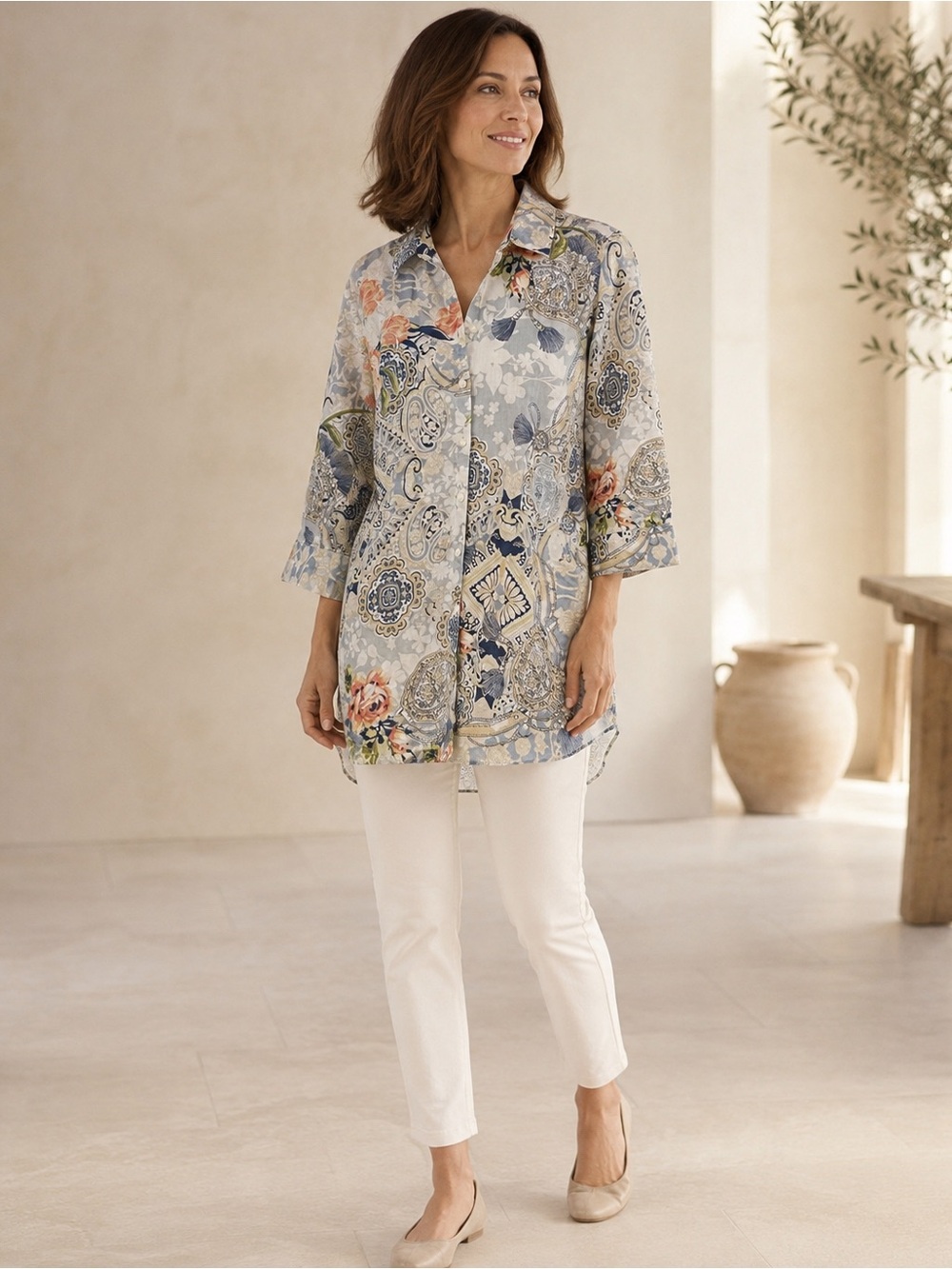 Chico's Blue Paisley Floral Button-Front Tunic